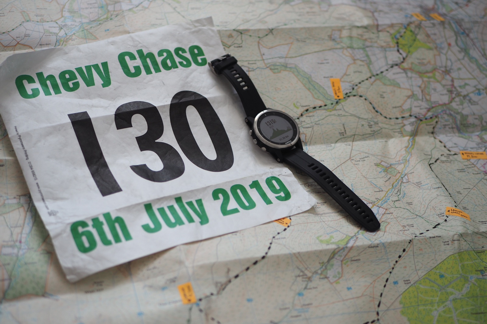 OS Map marked with the Chevy Chase and race number
