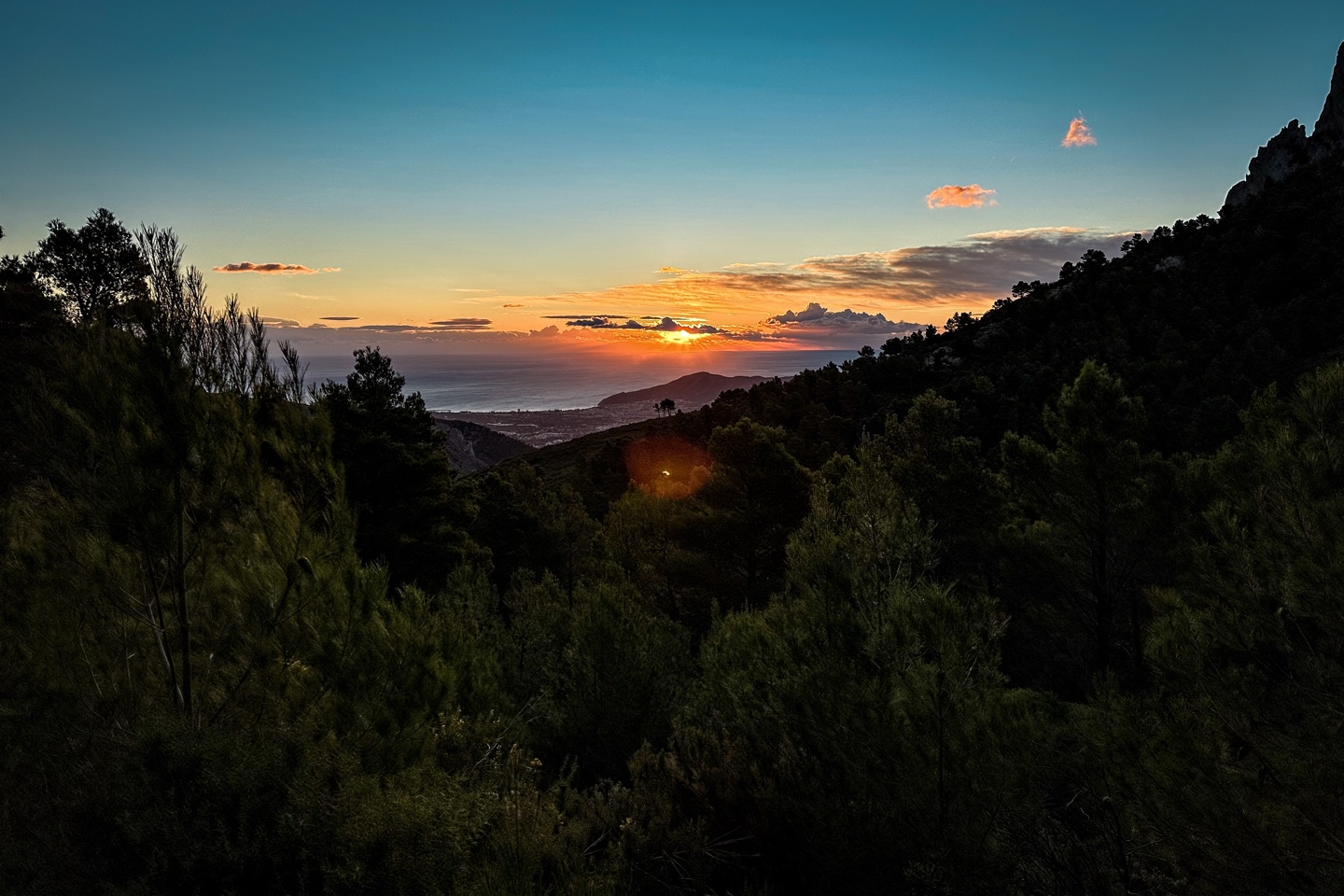 The sun starts to appear above the clouds and fill a valley with light, the trees of the pine forest get the first touches of verdant green.