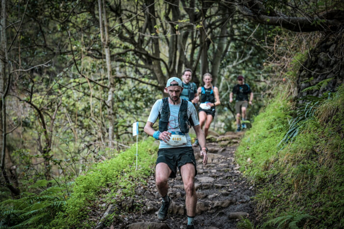 A runner runs down a forest trail.