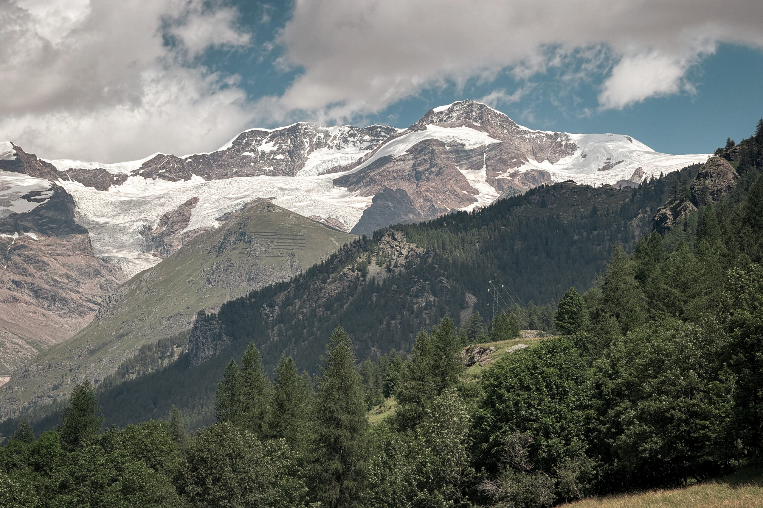 A view of an alpine mountain massif with snow and glaciers visible, in the foreground are green hills with trees